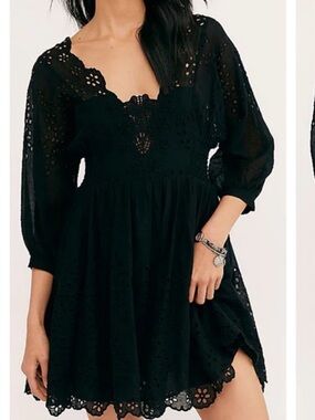 Free People Lottie Cotton Eyelet Mini Dress with 3/4 Sleeves in Black, Size M